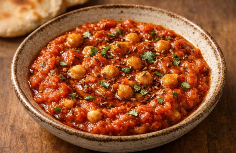 Tomato and chickpea dip with cumin oil in a ceramic bowl