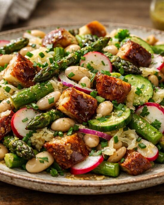 Asparagus, white bean, and pretzel bread salad on a platter