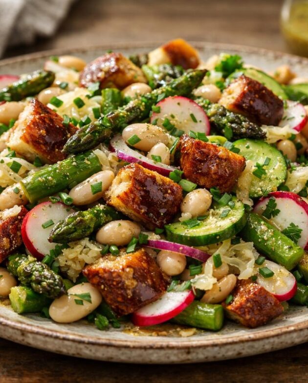 Asparagus, white bean, and pretzel bread salad on a platter