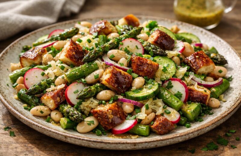 Asparagus, white bean, and pretzel bread salad on a platter
