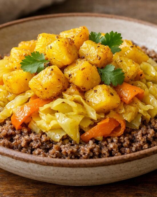 Atkilt alicha with teff pilaf and crispy potatoes in a shallow bowl