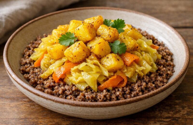Atkilt alicha with teff pilaf and crispy potatoes in a shallow bowl