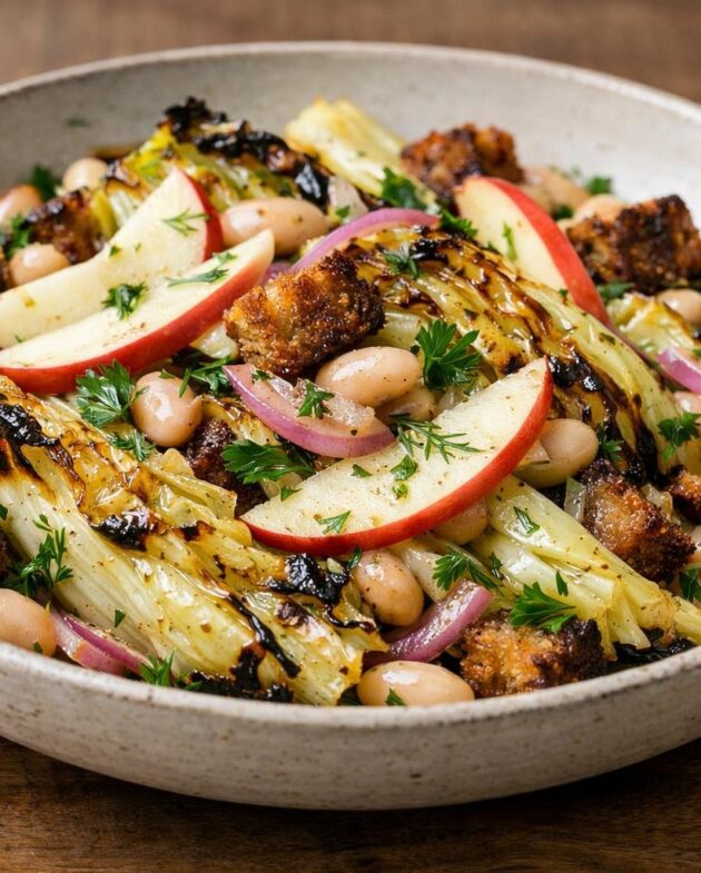 Charred cabbage salad with rye croutons, apple, and white beans