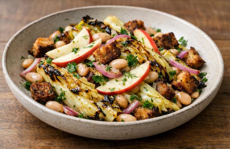 Charred cabbage salad with rye croutons, apple, and white beans