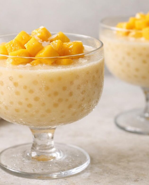 Coconut mango sago pudding in clear glasses topped with diced mango
