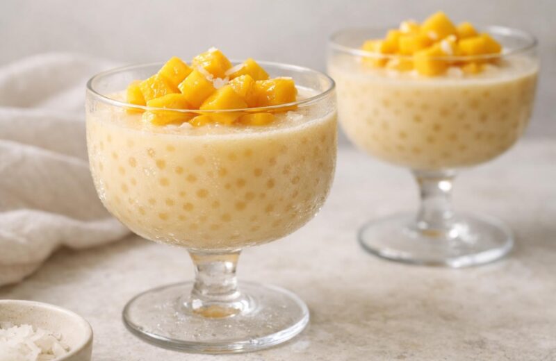 Coconut mango sago pudding in clear glasses topped with diced mango