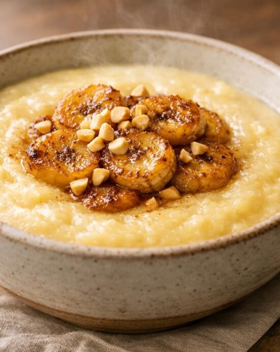 Creamy corn porridge topped with roasted banana and chopped peanuts