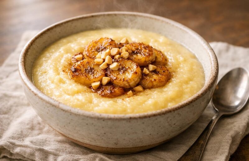 Creamy corn porridge topped with roasted banana and chopped peanuts