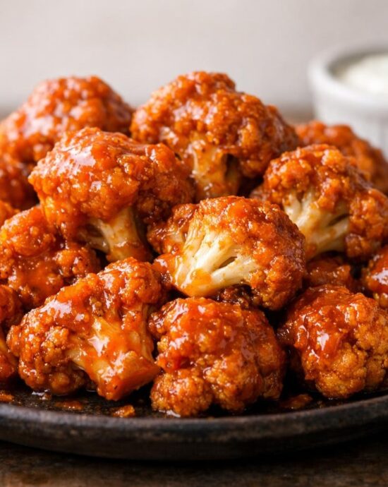 Crispy buffalo cauliflower bites on a dark platter