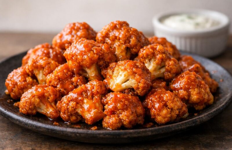 Crispy buffalo cauliflower bites on a dark platter