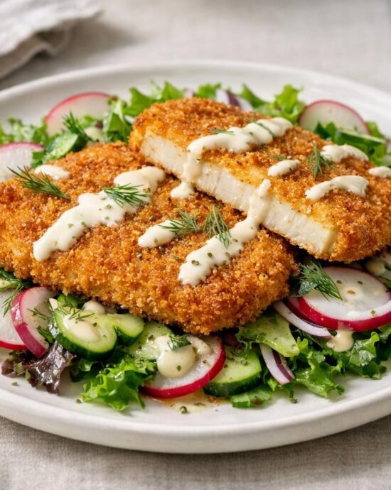 Crispy celeriac schnitzel salad with radish, dill, and creamy dressing