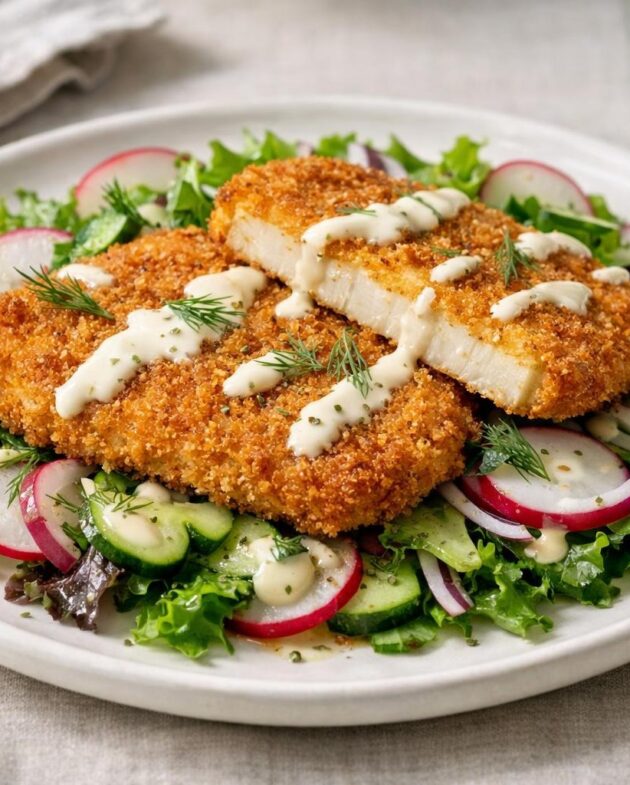 Crispy celeriac schnitzel salad with radish, dill, and creamy dressing