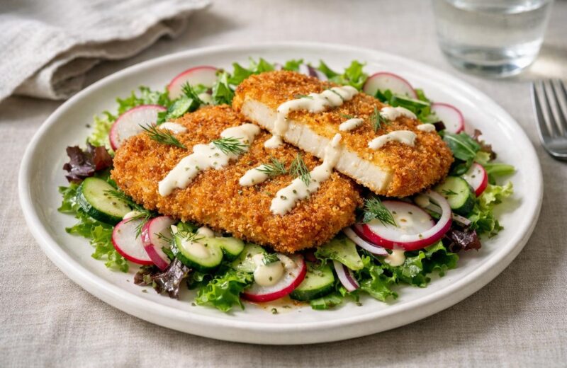 Crispy celeriac schnitzel salad with radish, dill, and creamy dressing