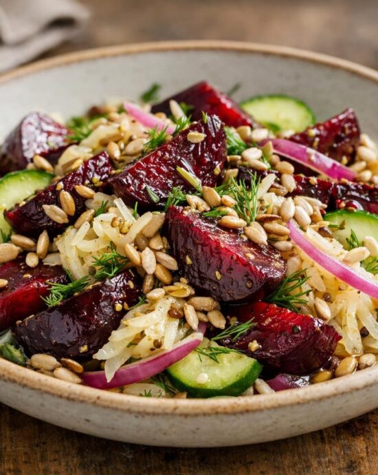 Roasted beet and sauerkraut salad topped with dill and toasted seeds