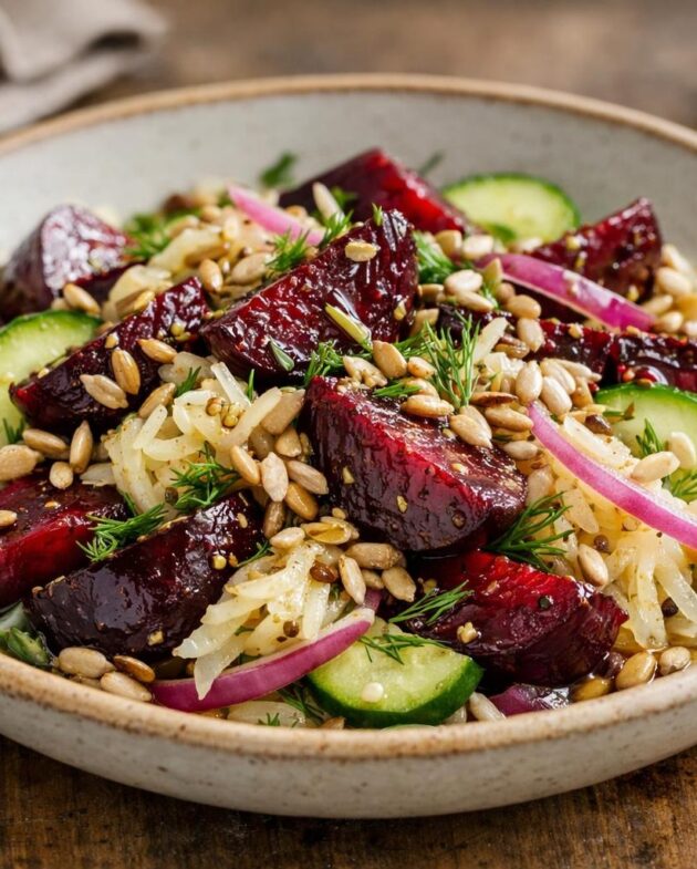 Roasted beet and sauerkraut salad topped with dill and toasted seeds