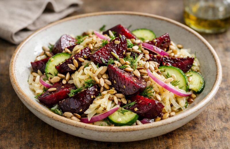 Roasted beet and sauerkraut salad topped with dill and toasted seeds