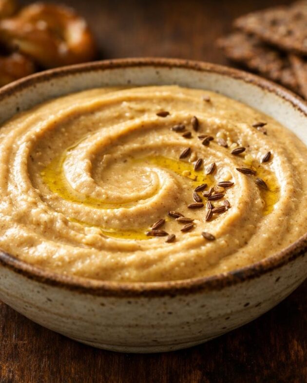 Creamy beer mustard dip in a ceramic bowl
