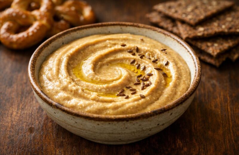 Creamy beer mustard dip in a ceramic bowl