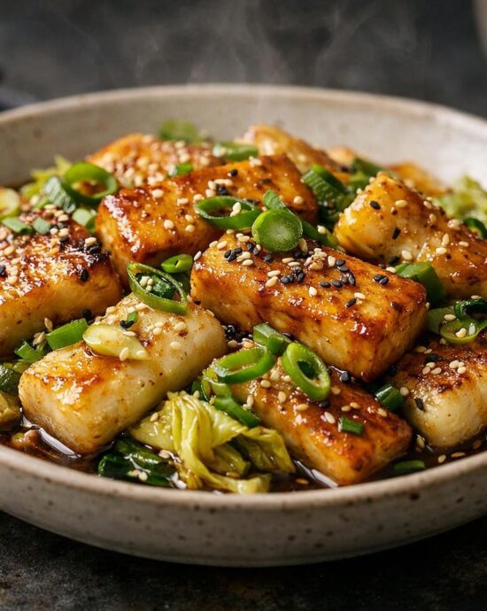 Golden tofu and crispy rice cakes in glossy scallion sesame sauce