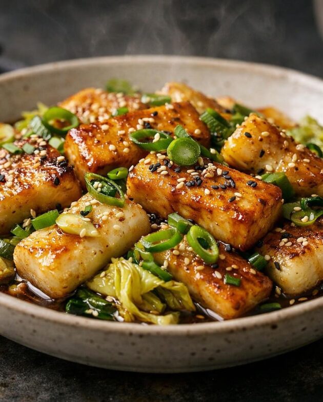 Golden tofu and crispy rice cakes in glossy scallion sesame sauce