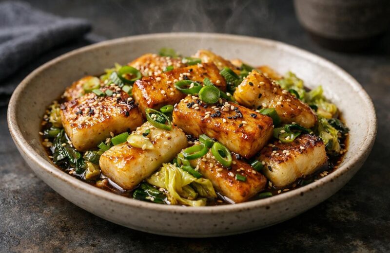 Golden tofu and crispy rice cakes in glossy scallion sesame sauce