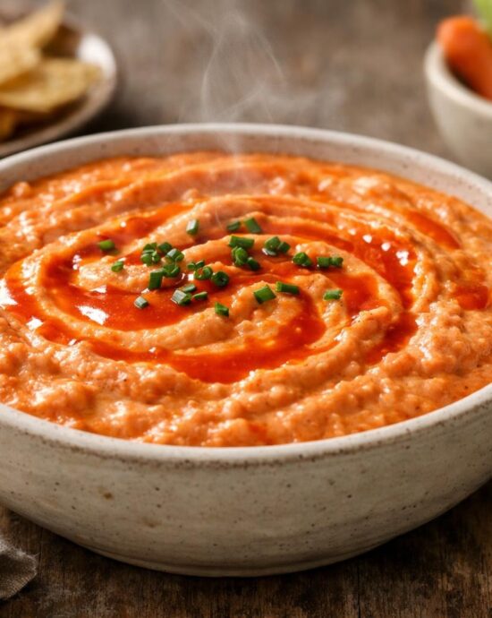Warm buffalo white bean dip in a ceramic bowl
