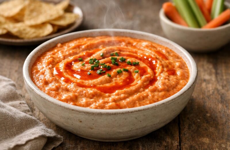Warm buffalo white bean dip in a ceramic bowl