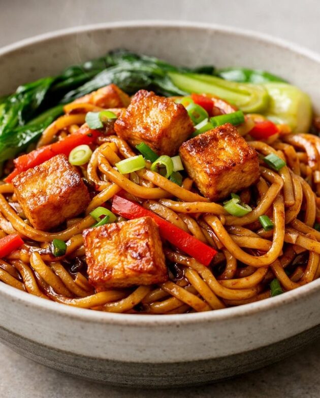 Bowl of sticky chili garlic tofu noodles with bok choy and peppers