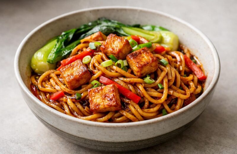 Bowl of sticky chili garlic tofu noodles with bok choy and peppers