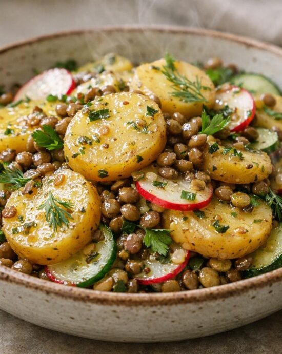 Bowl of warm potato salad with lentils, cucumber, radish, and herbs