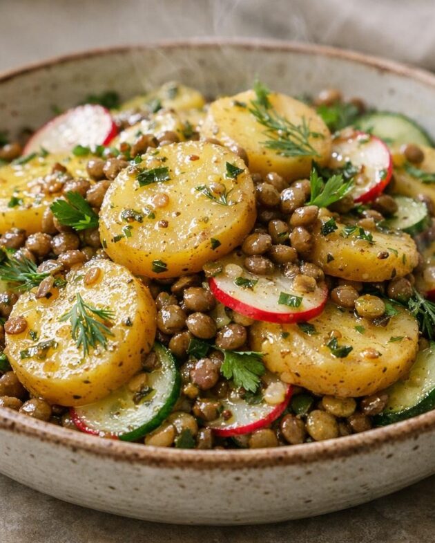 Bowl of warm potato salad with lentils, cucumber, radish, and herbs