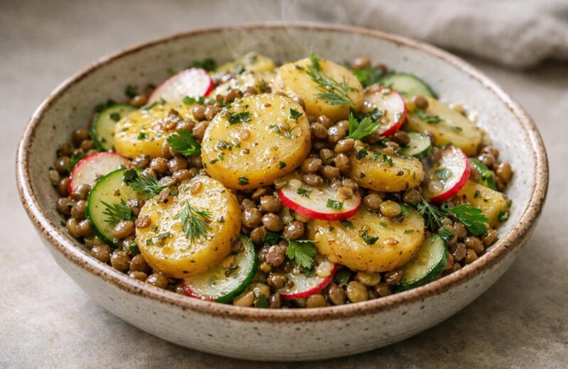 Bowl of warm potato salad with lentils, cucumber, radish, and herbs