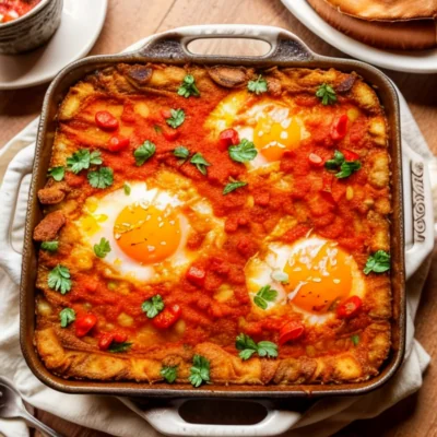 Moroccan Shakshuka with Crusty Bread Cubes (Breakfast Casserole)